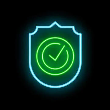 Neon shield showing green check mark on black background Stock Illustration