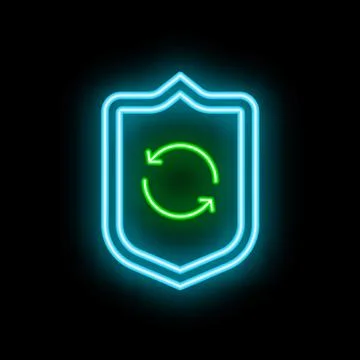 Neon shield showing repeating arrows forming circle on black background Stock Illustration