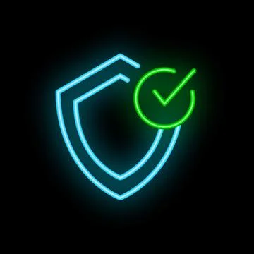 Neon shield showing security check mark symbol on black background 스톡 일러스트