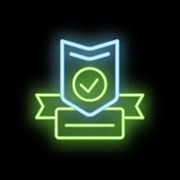 Neon shield showing validated check mark with banner for text Illustrazione stock