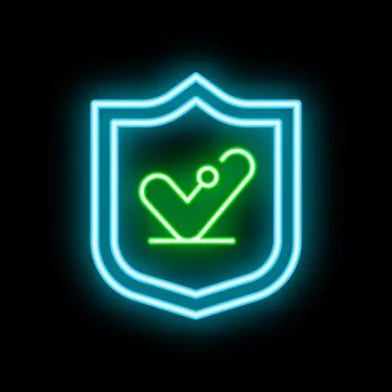 Neon shield showing validated check mark symbol on black background Illustrazione stock