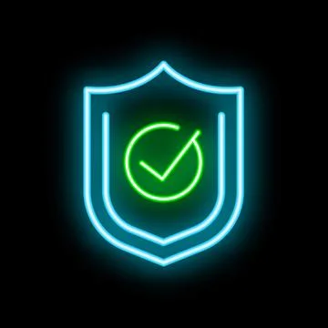 Neon shield showing validated checkmark symbol on black background Illustrazione stock