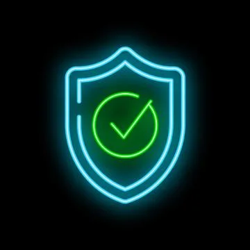 Neon shield showing validated protection with check mark Illustrazione stock