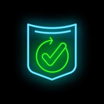 Neon shield showing validated transaction with check mark and refresh arrow Illustrazione stock
