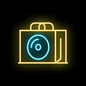 Neon shopping bag with compact disk icon on black background Stock Illustration