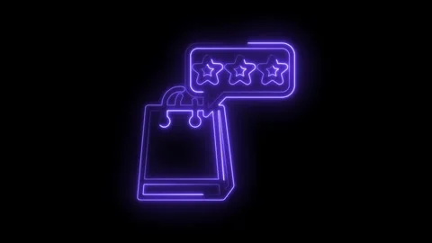Neon shopping bag icon with three stars in speech bubble glowing purple on black Stock Footage 333961192