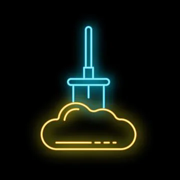 Neon shovel digging a cloud hosting server data mining concept icon 스톡 일러스트