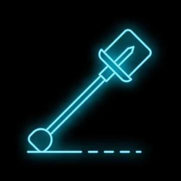 Neon shovel digging a hole with dashed line on black background Illustrazione stock