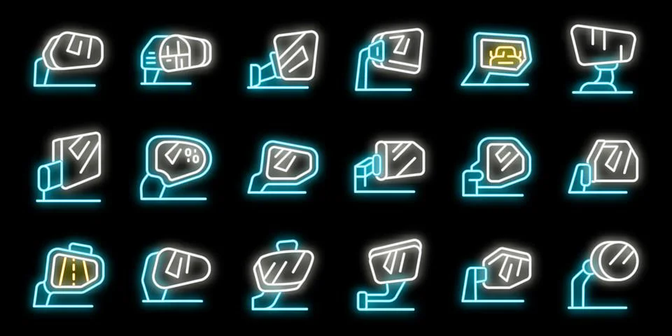 Neon side view mirrors reflecting safety and style on a dark background Stock Illustration
