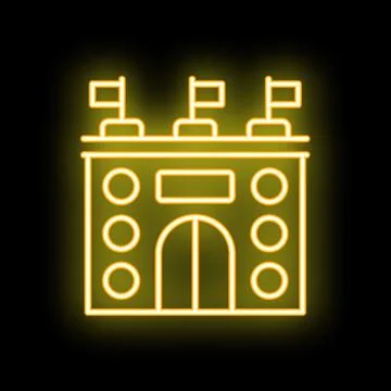 Neon sign of ancient building with flags on black background 库存插图