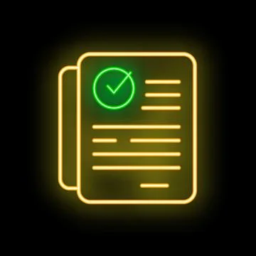 Neon sign of approved document with check mark on black background Stock Illustration