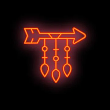 Neon sign of an arrow piercing three hanging leaves on black background イラスト素材