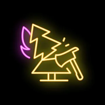 Neon sign of axe chopping down pine tree Stock Illustration