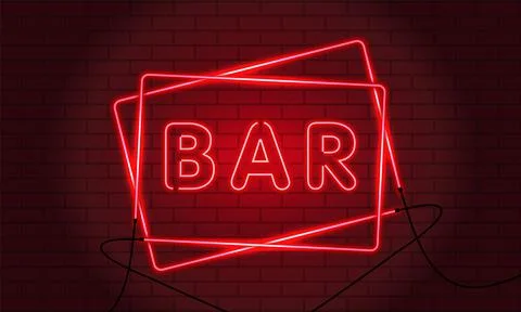 Neon sign BAR in a frame on brick wall background. Vintage electric signboard Stock Illustration