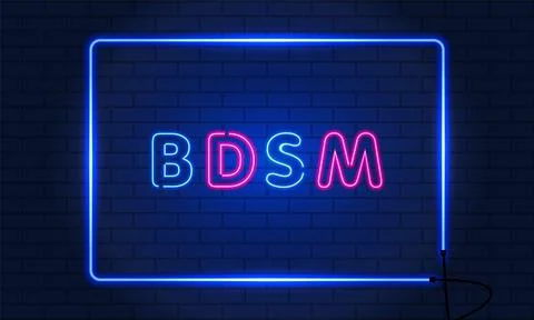 Neon sign BDSM in a frame on brick wall background. Vintage electric signboar Stock Illustration