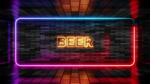 Neon sign beer in speech bubble frame on brick wall background 3d render. Light Stock Footage 265075456