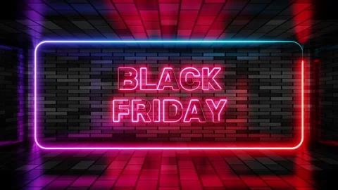 Neon sign black friday in speech bubble frame on brick wall background 3d Stock Footage 265070366