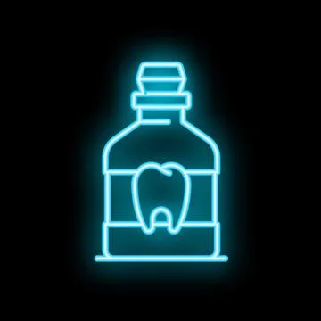 Neon sign of bottle containing tooth depicting dental care products Stock Illustration