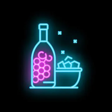 Neon sign of a bottle of grape wine with a bowl of ice cubes glowing on a bla Stock Illustration