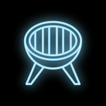 Neon sign of brazier with round grid for cooking on firewood on black backg.. Ilustração Stock