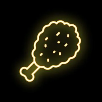 Neon sign of breaded fried chicken leg glowing on black background Stock Illustration