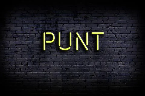 Neon sign on brick wall at night. Inscription punt Stock Illustration