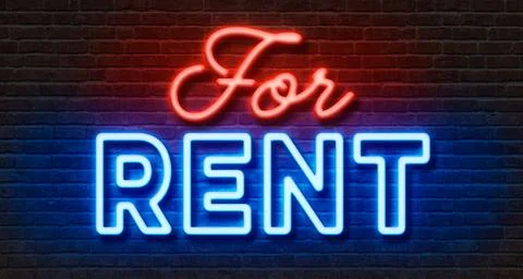 Neon sign on a brick wall - For rent Foto stock