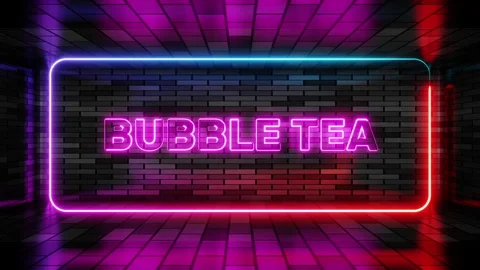 Neon sign bubble tea in speech bubble frame on brick wall background 3d render. Stock Footage 265075145
