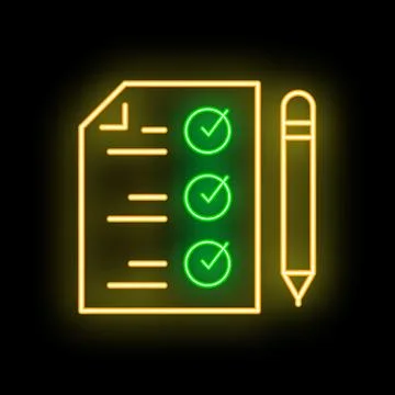 Neon sign of checked tasks on checklist with pencil icon on black background Иллюстрация