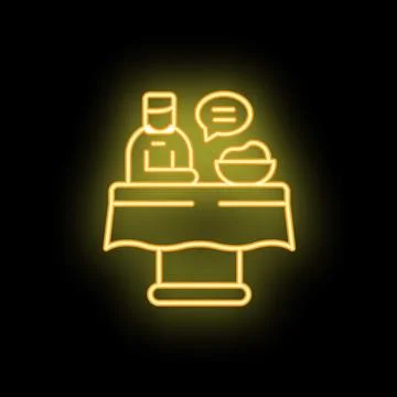 Neon sign of chef standing at table with food and speech bubble Stockillustratie