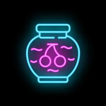 Neon sign of cherry jam jar glowing on black background Stock Illustration