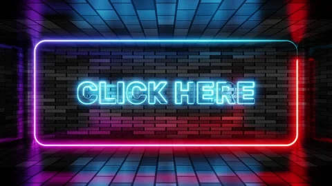Neon sign click here in speech bubble frame on brick wall background 3d render. Stock Footage 265072821