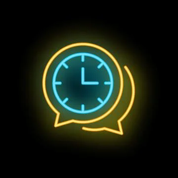 Neon sign of clock and speech bubbles showing time for talking Illustration
