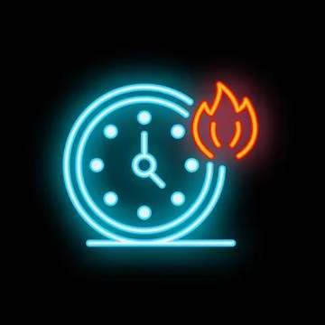 Neon sign of clock burning with bright fire flame Stock Illustration