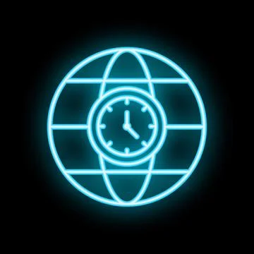 Neon sign of clock overlaying globe for global business hours Stock Illustration