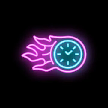 Neon sign of clock surrounded by flames on black background Stock Illustration
