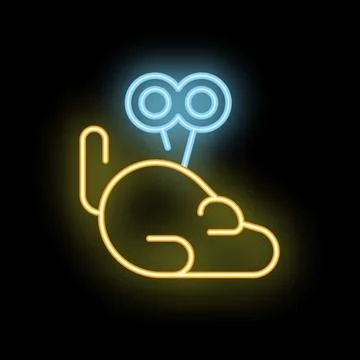 Neon sign of a clockwork mouse toy winding up on black background Stock Illustration