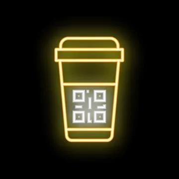 Neon sign of coffee cup with qr code on black background Stock Illustration
