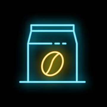 Neon sign of coffee packaging is glowing on a black background Stock Illustration