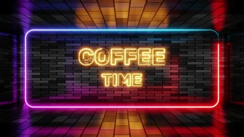 Neon sign coffee time in speech bubble frame on brick wall background 3d render. Stock Footage 265070598