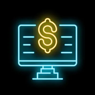 Neon sign of a computer screen with an increasing dollar sign, symbolizing on Stock Illustration