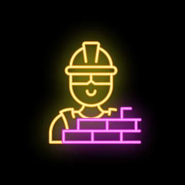 Neon sign of construction worker building a brick wall Ilustración de archivo