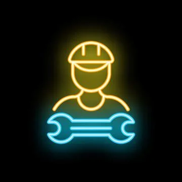 Neon sign of a construction worker holding a wrench Ilustración de archivo