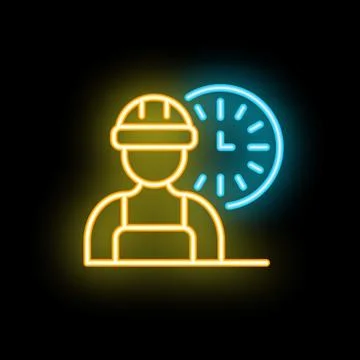 Neon sign of construction worker wearing hard hat with clock showing workin.. Stock Illustration