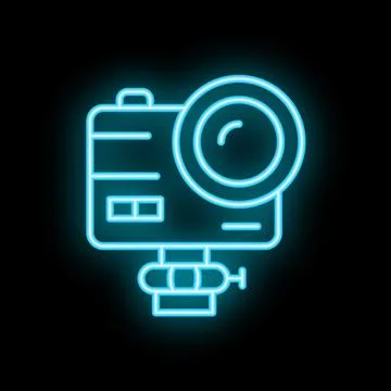 Neon sign depicting an action camera mounted on a tripod for recording exci.. Stock Illustration