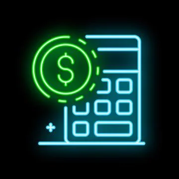 Neon sign depicting calculator adding dollar currency symbol Stockillustratie
