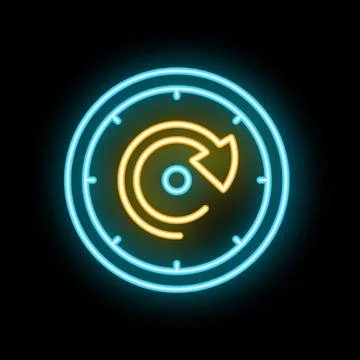 Neon sign depicting clock face with rotating arrow symbolizing time passing Stock Illustration