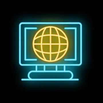 Neon sign of a desktop computer showing planet earth for global communication Stock Illustration