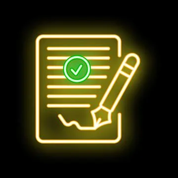 Neon sign of a document being signed with a green check mark symbol Stock Illustration
