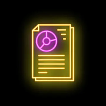 Neon sign of documents with analytics chart icon on black background Stockillustratie